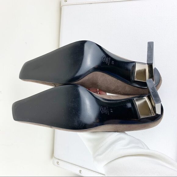 Diego Dolcini Taupe Suede Snip Toe Pumps Gold Heel - Picture 12 of 13